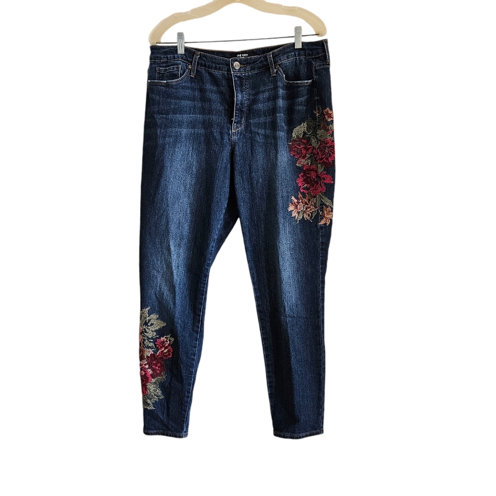 Nine West Dark Blue Skinny Jeans with Red Floral Embroidery